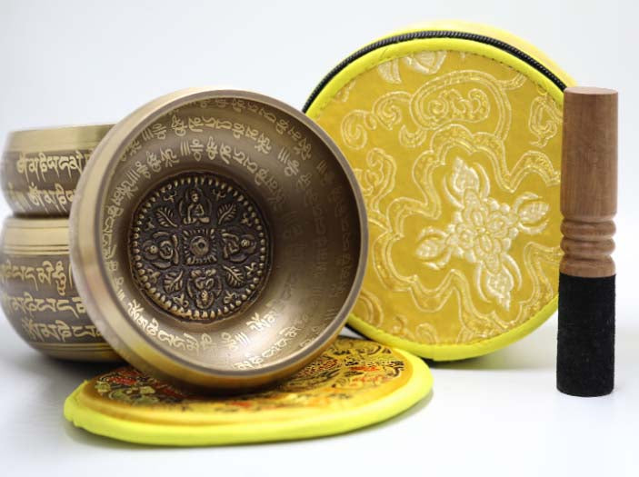 Four-Faced Buddha Singing Bowl Set-Tibetan Hand-Carved Om Mani Padme Hum | Mental Healing