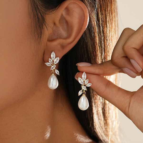 Freshwater Pearl Earrings Drop | Diamond Leaves Earrings | Plated Gold or Silver