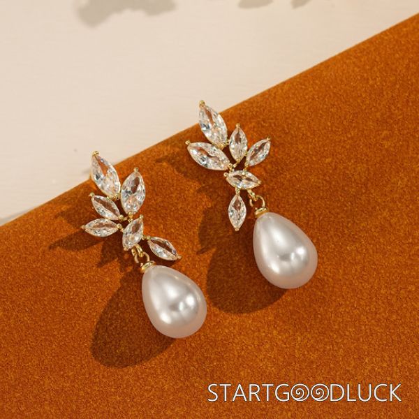 Freshwater Pearl Earrings Drop | Diamond Leaves Earrings | Plated Gold or Silver
