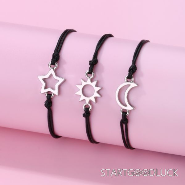 Friendship Black String Bracelets | Silver Star Sun Moon Bracelet Set
