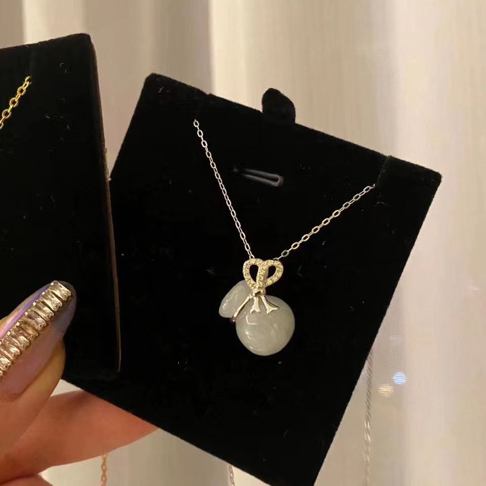 Gold-Plated Jade Gourd Pendant Zircon Balance and Harmony Necklace