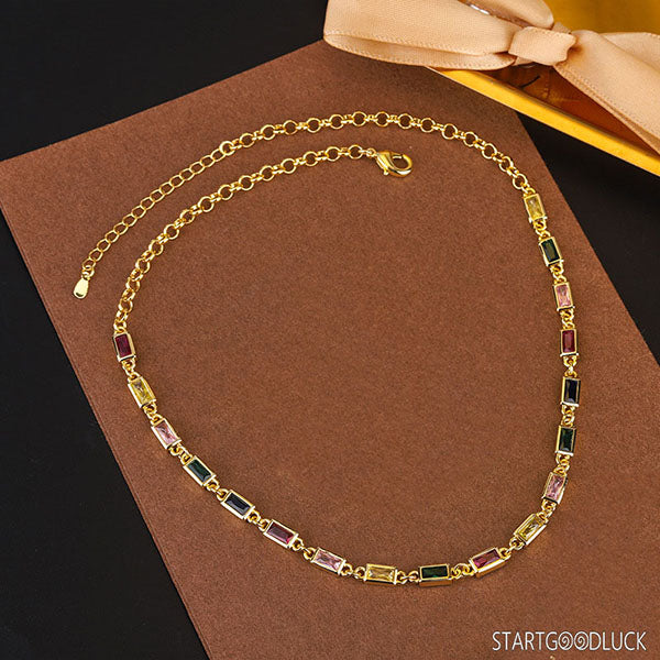 Gold-plated necklace - Sparkling color-block glass stone necklace