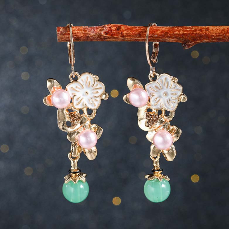 Gold Leaves Pearl Flower Green Bead Drop Earrings