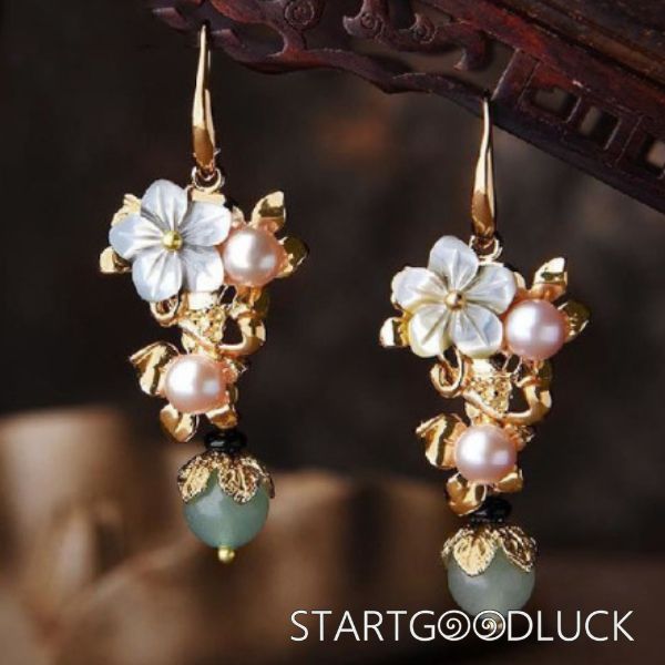 Gold Leaves Pearl Flower Green Bead Drop Earrings