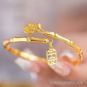 Golden Bamboo Lotus Bangle - Chinese Style Golden Bangle - StartGoodLuck