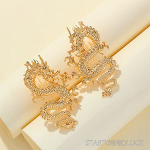 Golden Chinese Dragon Earrings - Majestic Dragon Motif - StartGoodLuck