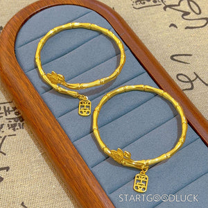 Golden Bamboo Lotus Bangle - Chinese Style Golden Bangle - StartGoodLuck