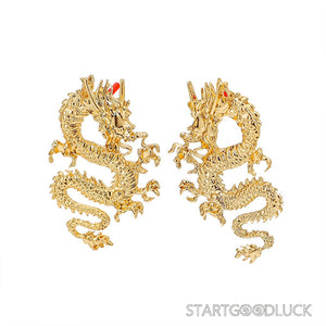 Golden Chinese Dragon Earrings - Majestic Dragon Motif - StartGoodLuck