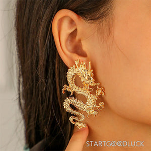 Golden Chinese Dragon Earrings - Majestic Dragon Motif - StartGoodLuck