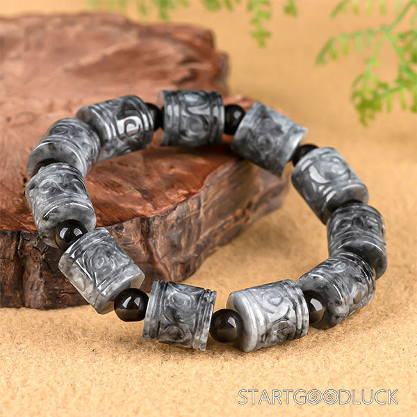 Gray-Black Jadeite Carved Barrel Bead Bracelet | Jadeite Bracelet & Bead Bracelet