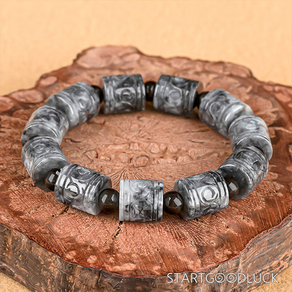 Gray-Black Jadeite Carved Barrel Bead Bracelet | Jadeite Bracelet & Bead Bracelet
