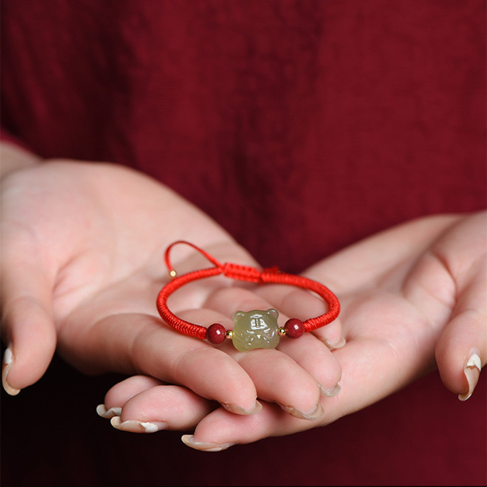 Hetian Jade Tiger Black/Red String Love and Luck Bracelet