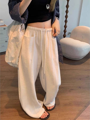High waisted loose Trousers white linen wide-leg for women