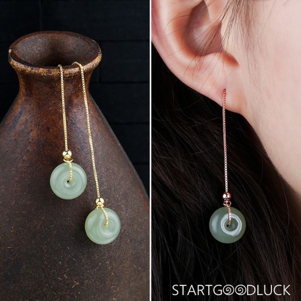 Jade Donut Earrings - GoldSilver Threader Chinese Style Minimalist Gemstone Jewelry
