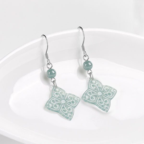 Jade Flower Earrings Hollow Carved Jade Flower Dangle