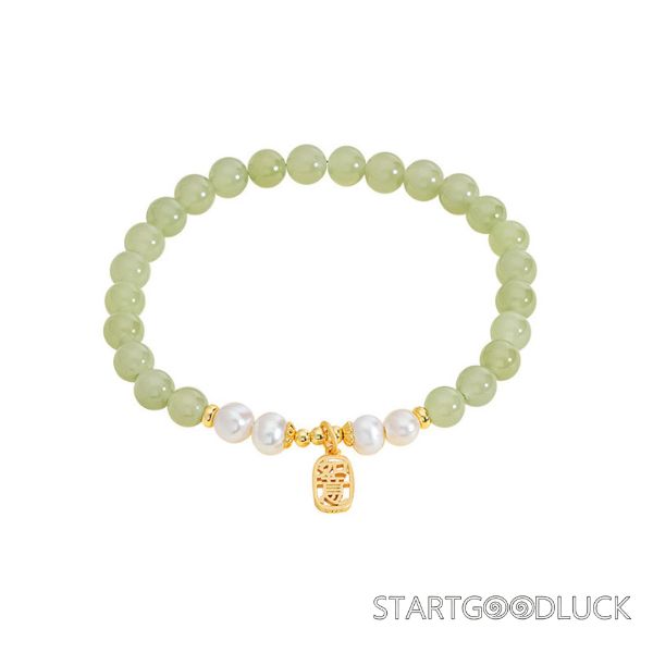 Jade Pearl Bracelet - Gold Chinese Lucky Charm Elegant Gemstone Jewelry