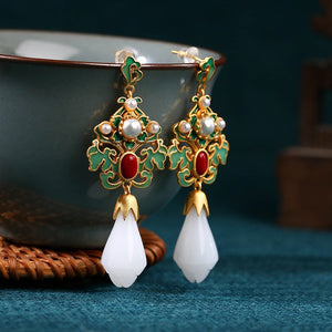 Jade Flower 925 Silver Needle Niche Design Balance and Harmony Earrings