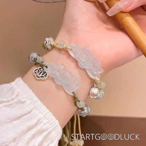 Jade Loutus Pull-string Bracelet | Jade Bead-sanders bead-Adujstable String | Purify Your Mind