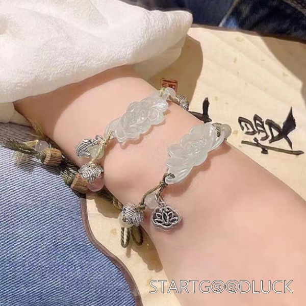 Jade Loutus Pull-string Bracelet | Jade Bead-sanders bead-Adujstable String | Purify Your Mind