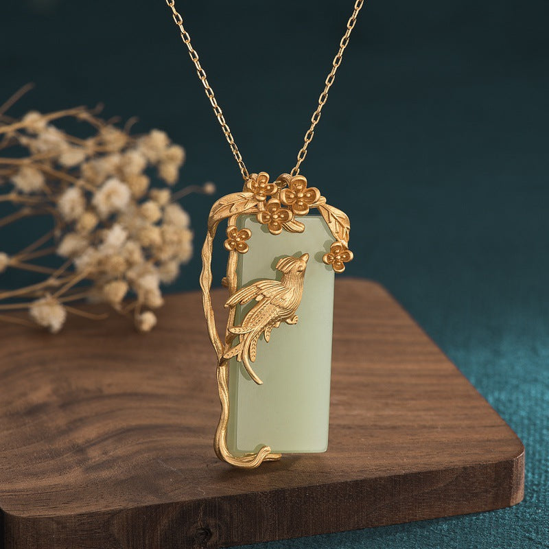 Jade Peace pendant necklace copper gold-plated Magpie flower branches Chinese style design