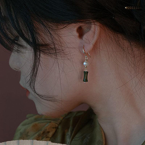 Jade bamboo earrings Olive jade with pearl