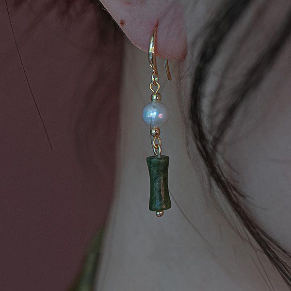 Jade bamboo earrings Olive jade with pearl