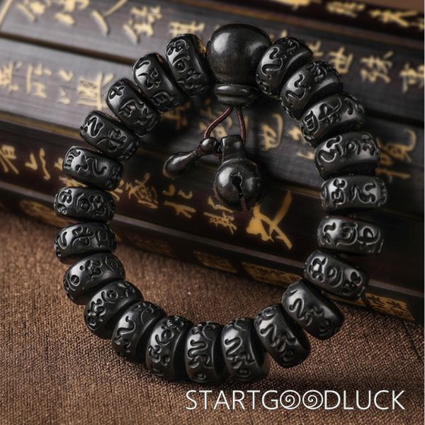 Lightning Wood Bracelet | Tibetan Inscription Prayer Beads Bracelet