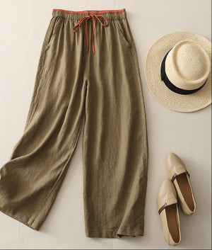 Loose Casual Pants for Women Color Matching Drawstring Wide-leg style