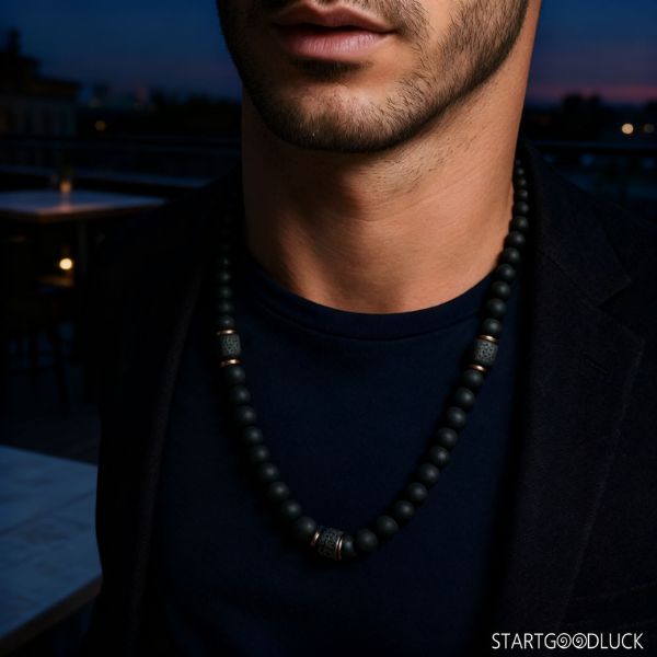 Men's Necklace - Matte Black Onyx & Cube Lava Necklace