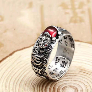 Men's Silver Garnet Pixiu Heart Sutra Prosperity and Wealth Ring
