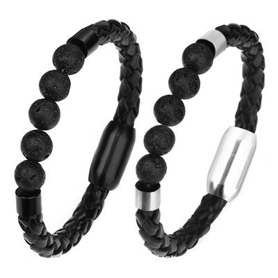 Men's Volcanic Rock Bracelet Woven Leather Stainless Steel Bracelet
