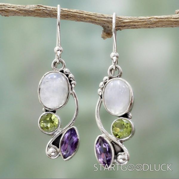 Moonstone Earrings | Colorful Zircon Earrings | Handmade Sterling Sliver Earrings | Peridot & Amethyst