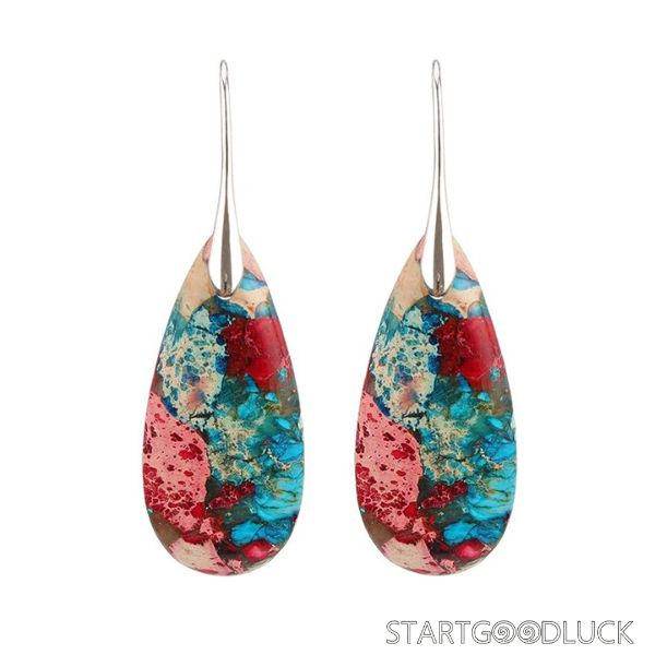Multicolor Stone Earrings - Teardrop Natural Stone Dangle Earrings with GoldSilver Hook