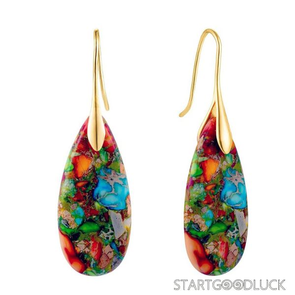 Multicolor Stone Earrings - Teardrop Natural Stone Dangle Earrings with GoldSilver Hook