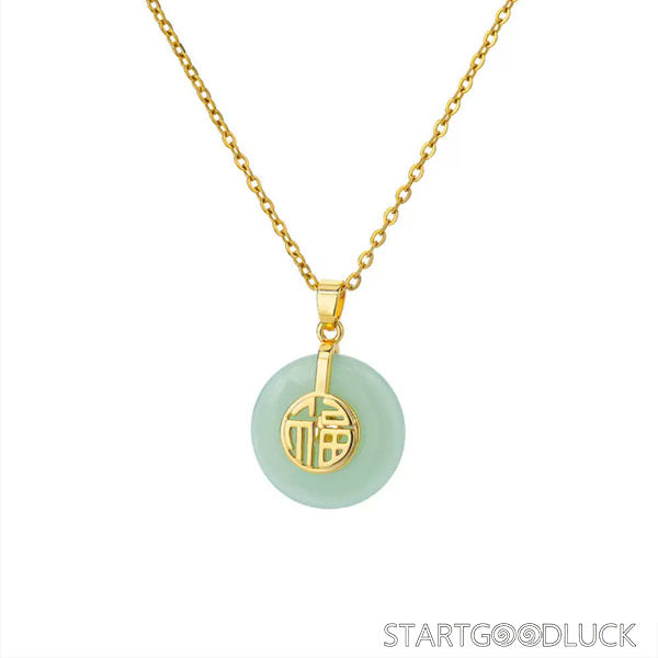 Natural Jade Necklace with Golden "Fu" Stamp