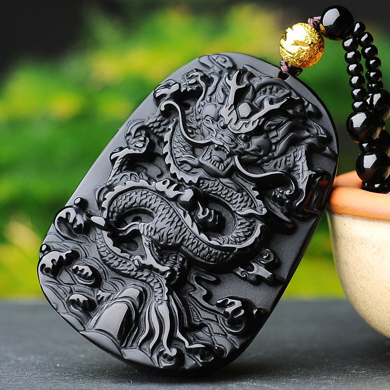Natural Black Obsidian Dragon Pendant Bring Courage and Strength Necklace
