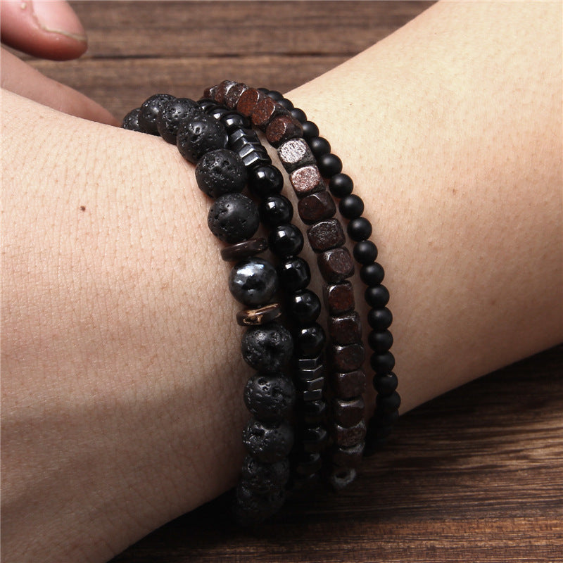 Natural Black Volcanic Stone & Wooden Bead Courage and Strength 4piece-set Bracelet