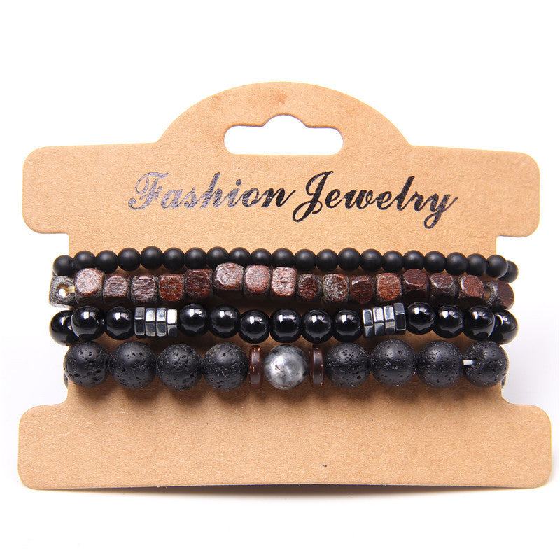 Natural Black Volcanic Stone & Wooden Bead Courage and Strength 4piece-set Bracelet