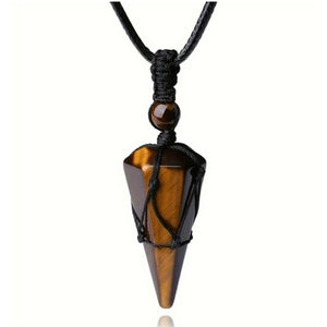 Natural Hexagonal Pyramid Tiger Eye Crystal Courage and Strength Necklace