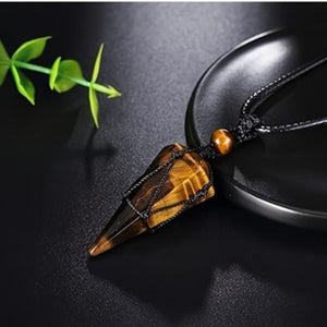 Natural Hexagonal Pyramid Tiger Eye Crystal Courage and Strength Necklace
