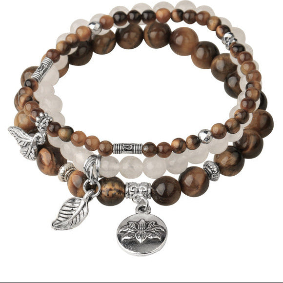Natural stone Crystal bracelet Rose pendant 6mm beads three-row chain