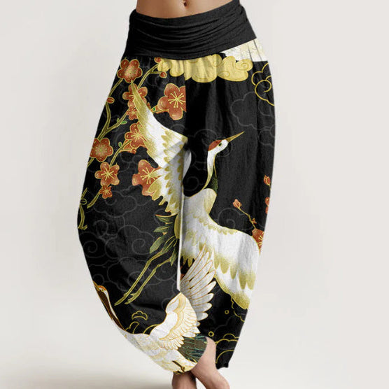 Wide-Leg Women's Long Pants Crane Print  Loose Casual style