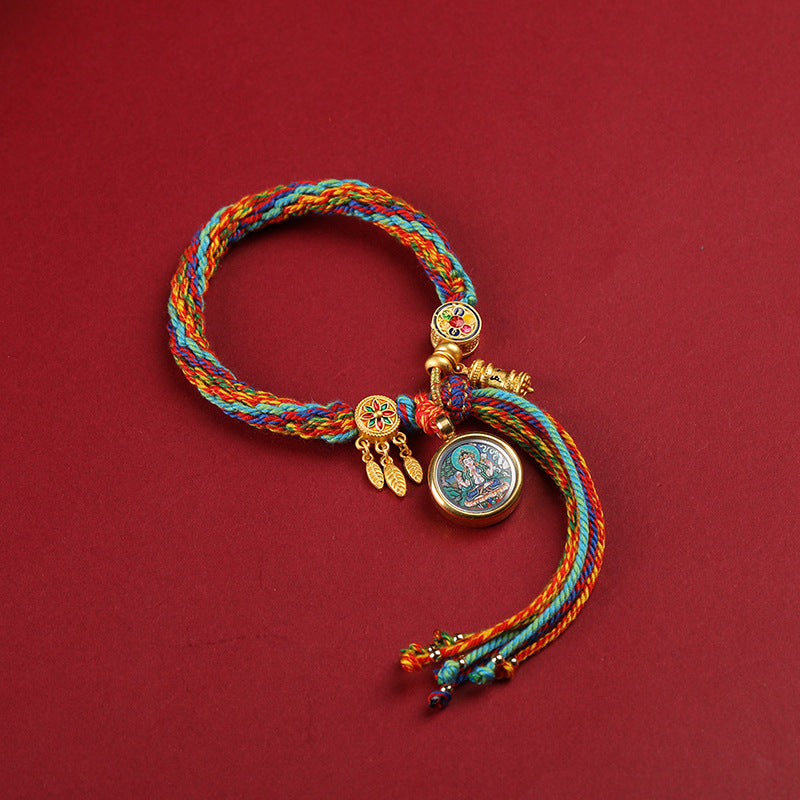 Tibetan Prayer Bracelet Hand-Woven string with Patron Saint Thangka charm
