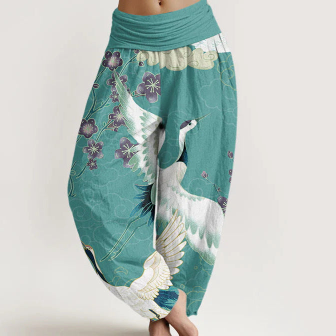 Wide-Leg Women's Long Pants Crane Print  Loose Casual style