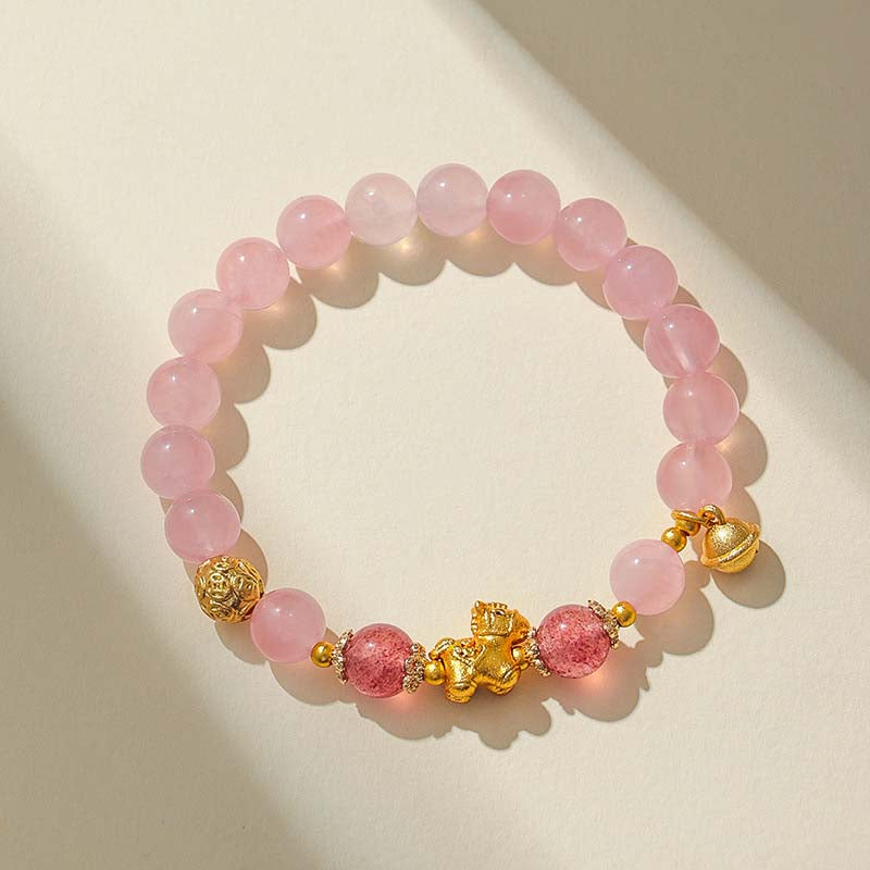 Yellow Sweet Pink Crystal Beaded Gold Horse Year Prosperity and Wealth Bracelet