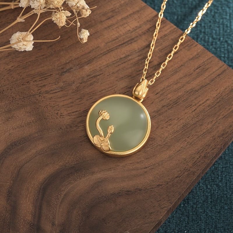 Jade Lotus necklace Ancient Style Gold-Plated chain