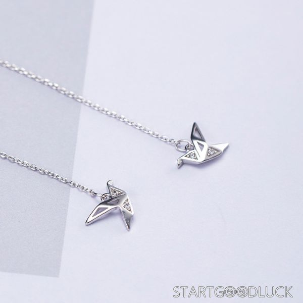 Origami Crane Earrings - Gold/Silver Minimalist Bird Dangle Chain Jewelry