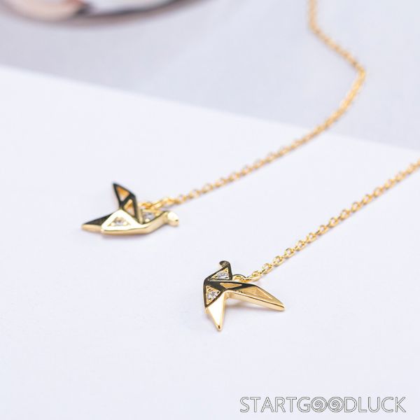Origami Crane Earrings - Gold/Silver Minimalist Bird Dangle Chain Jewelry