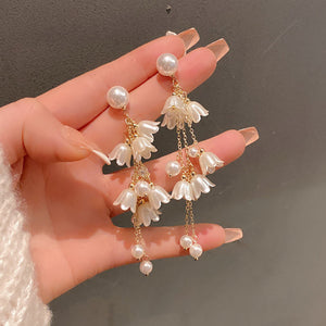 Pearl Orchid Bell Flower Long Tassel Prosperity and Wealth Earrings