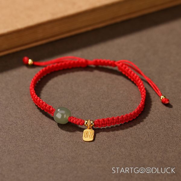 Red Cord Bracelet - Adjustable Bracelet with Jade Bead & Gold "Fu" Charm